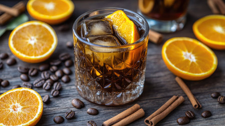A refreshing iced Americano garnished with vibrant oranges and cinnamon sticks, perfect for summer gatherings or cafの素材
