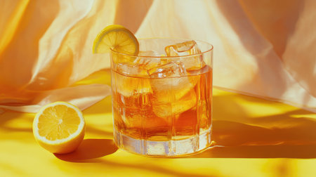 A vibrant glass of iced tea adorned with ice cubes and a lemon slice, set against a bright yellow backdrop, perfect for refreshing summer days.の素材