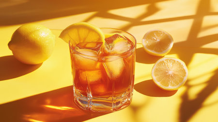 A vibrant glass of iced tea with ice cubes and a lemon slice on a sunny yellow background. Perfect for hot days, this refreshing drink captures summer's essence.の素材