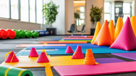 Explore a vibrant gym setting filled with colorful exercise mats and equipment. Perfect for workouts, this space inspires energy and motivation.の素材