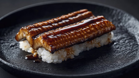 This image features beautifully plated grilled anago sushi on a black plate, showcasing the delicate texture and rich flavor of eel, an exquisite Japanese delicacy.の素材