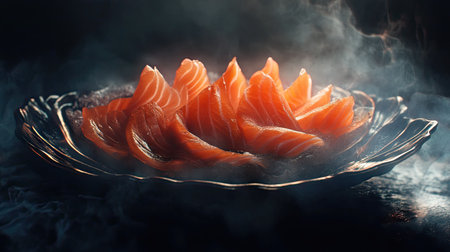 An artistic display of salmon sashimi on an elegant platter, enhanced with a smoky effect. Ideal for showcasing gourmet food or restaurant cuisine.の素材
