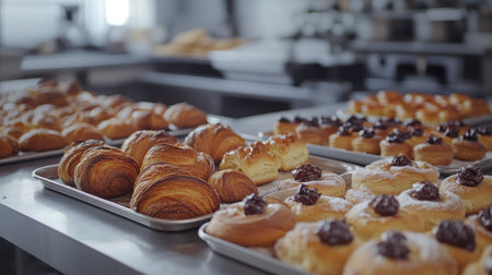 A tempting display of freshly baked pastries on a tray in a bakery. The assortment includes croissants and sweet treats, highlighting the artisanal charm.の素材
