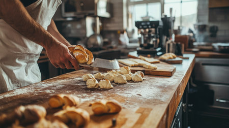 A chef skillfully prepares fresh baguettes and pastries in a cozy kitchen. The scene captures the art of baking with flour-dusted surfaces and delicious aromas.の素材