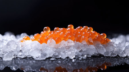 This artistic photograph captures the vibrant orange salmon roe delicately arranged on ice, showcasing the texture and elegance of gourmet seafood. Perfect for culinary uses.の素材