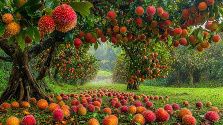 Explore an idyllic rambutan garden scene bursting with vibrant fruit. This peaceful landscape features lush trees and colorful rambutan, perfect for nature lovers.の素材