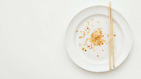 A close-up view of an empty white plate showcasing traces of fried noodles, accompanied by wooden chopsticks, creating a minimalist dining aesthetic.の素材