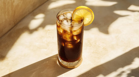This image features a refreshing chilled Long Island iced tea in a tall glass, garnished with a lemon slice, perfect for summer gatherings and relaxation.の素材