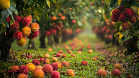 Discover a peaceful rambutan garden scene, showcasing vibrant trees laden with colorful fruit. This idyllic landscape invites tranquility and natural beauty.の素材