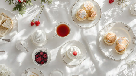 Indulge in an elegant British afternoon tea setup featuring fresh scones, whipped cream, and seasonal berries, set against a bright, inviting backdrop.の素材