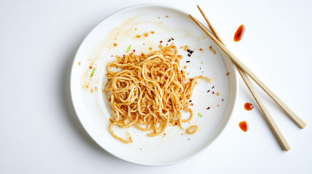 A close-up view of fried noodles left on a clean white plate, paired with chopsticks. Perfect for showcasing delicious Asian cuisine and minimalist dining.の素材