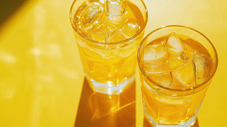 Two glasses filled with freshly made drinks resting on a bright yellow surface, showcasing ice cubes that reflect the sunlight, perfect for a refreshing moment.の素材