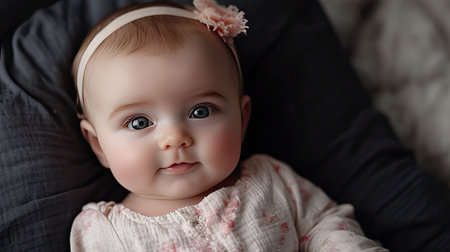 A charming portrait of a cute baby with a warm smile, showcasing innocence and joy. The soft lighting enhances the baby's features, creating a peaceful atmosphere.の素材