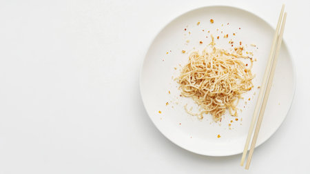 Close-up of fried noodles served on a white plate, garnished with spices. The simple presentation highlights the texture and appeal of this delicious dish.の素材