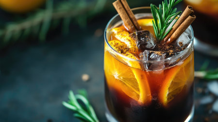 A vibrant close-up of an iced Americano featuring citrus slices and aromatic spices, perfect for summer refreshment and stylish presentations.の素材