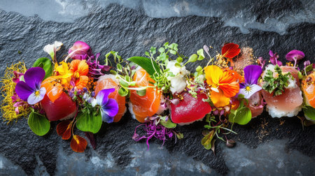 A stunning arrangement of vibrant sushi rolls garnished with edible flowers and fresh herbs, showcasing culinary artistry and visual appeal, perfect for food photography.の素材