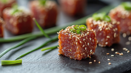 A close-up view of a spicy tuna sushi roll topped with fresh ingredients, showcasing vibrant colors and elegant presentation, perfect for gourmet dining.の素材