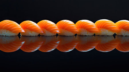 A stunning close-up of vibrant salmon sushi rolls, beautifully arranged on a reflective black background, highlighting their fresh and appetizing appearance.の素材