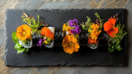 A stunning arrangement of sushi rolls garnished with vibrant edible flowers, highlighting the art of food presentation and fresh ingredients in culinary dishes.の素材