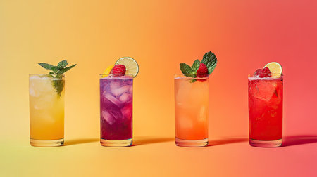 Enjoy a vibrant display of refreshing summer cocktails in colorful glasses, perfect for any celebration or outdoor gathering. Each drink is beautifully garnished with fruit and herbs.の素材