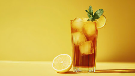 A tall glass of iced tea garnished with lemon and mint, showcasing vibrant colors and inviting refreshment, perfect for summer gatherings or relaxation moments.の素材