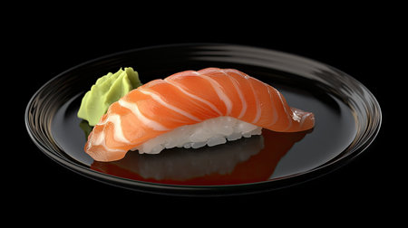An elegantly presented piece of fresh salmon nigiri artfully placed on a sleek black plate, accompanied by a dollop of wasabi. Perfect for food photography or culinary enthusiasts.の素材