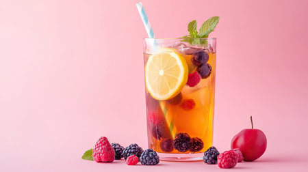 Enjoy a vibrant iced fruit tea infused with fresh berries and lemon, perfect for summer gatherings or a refreshing afternoon sip. Bright and inviting!の素材