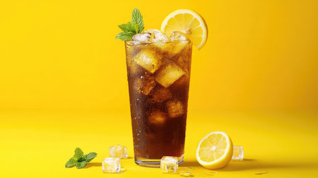A tall glass of iced tea garnished with fresh lemon and mint. Perfect for warm days, this refreshing beverage is ideal for gatherings or relaxation.の素材