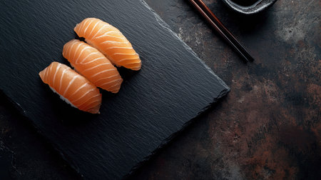 A stunning arrangement of fresh salmon nigiri served on a sleek black slate board, perfect for gourmet dining and showcasing Japanese culinary artistry.の素材