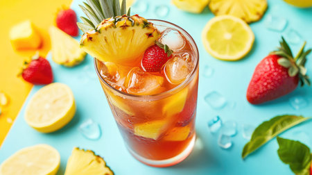 Delight in a refreshing iced tea adorned with vibrant fruit slices. This colorful beverage, perfect for summer, combines sweetness and natural flavors for a revitalizing taste.の素材