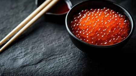 A minimalistic presentation of fresh salmon roe in a stylish bowl, accompanied by chopsticks. The vibrant orange pearls highlight culinary elegance.の素材