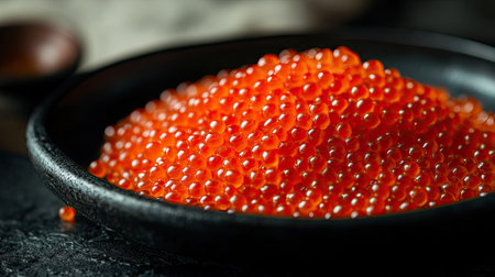A stunning close-up of bright salmon roe scattered on a black ceramic plate, highlighting the vibrant color and unique texture of this gourmet delicacy. Perfect for culinary visuals or food-related themes.の素材