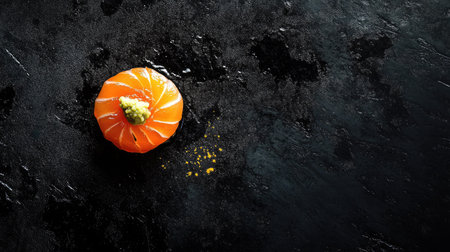 A visually striking salmon sushi topped with wasabi and accompanied by a pickle, set against a dark background, perfect for culinary presentations.の素材