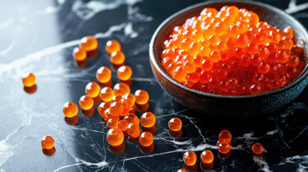 A vibrant display of fresh salmon roe spilling from a small dish onto a dark marble surface, creating an elegant and appetizing visual for food photography.の素材
