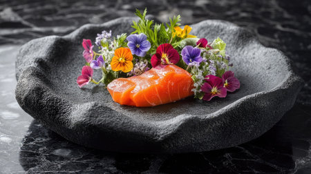 Experience the beauty of artfully plated salmon sashimi garnished with vibrant edible flowers, showcasing a fusion of colors and culinary elegance.の素材