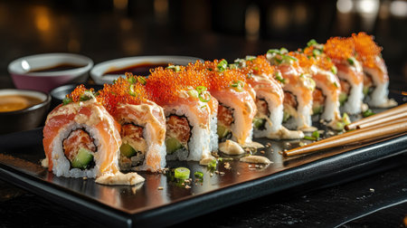 A beautifully presented sushi roll featuring fresh salmon and topped with vibrant roe. This delicious dish is garnished with green onions and served with dipping sauce, perfect for sushi lovers.の素材