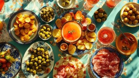 A vibrant display of Spanish tapas including olives, citrus fruit, and potato bravas, set on a beautifully decorated table, perfect for sharing.の素材