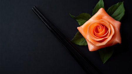 A stunning arrangement featuring a delicate rose next to chopsticks on a dark background, highlighting the beauty of culinary presentation with a touch of elegance.の素材