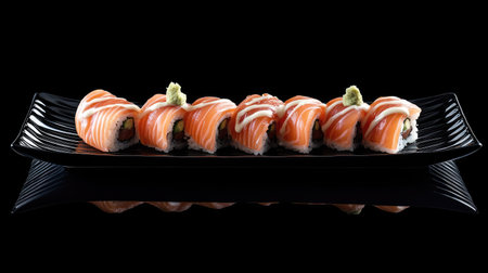 Discover a vibrant display of salmon sushi rolls topped with spicy mayo, beautifully arranged on a sleek black plate. Perfect for food lovers.の素材