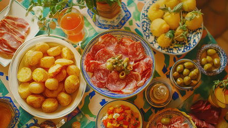 A vibrant spread of Spanish tapas featuring patatas bravas, olives, and cured meats. Perfect for a festive gathering or a culinary experience, showcasing fresh ingredients.の素材