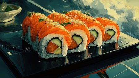 Delight in these vibrant salmon sushi rolls, beautifully presented on a sleek plate. Each roll features fresh ingredients, perfect for a gourmet experience.の素材