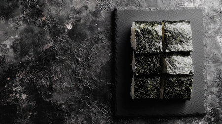 Experience traditional maki rolls artfully arranged with crisp nori on a dark slate board, embodying elegance and sophistication in a gourmet presentation.の素材