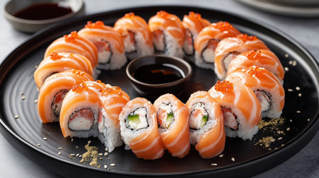 A beautifully arranged fan-shaped plate of salmon nigiri sushi, showcasing vibrant colors and fresh ingredients, perfect for dining and culinary enthusiasts.の素材