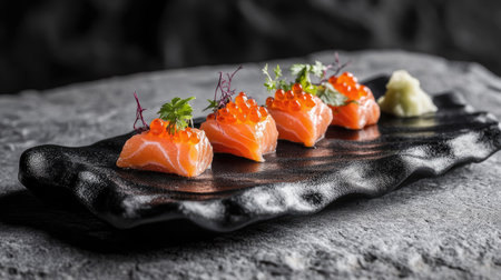 Indulge in a vibrant presentation of fresh salmon sashimi, elegantly garnished with roe and scallions, perfect for gourmet dining and culinary art.の素材