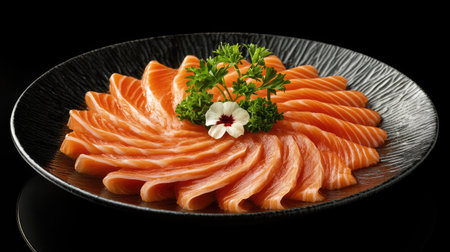 A vibrant arrangement of salmon sashimi fillets layered elegantly on a black plate, garnished with herbs and a flower, perfect for gourmet cuisine presentations.の素材