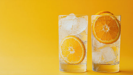 Enjoy two refreshing glasses of orange lemonade filled with ice and vibrant orange slices, perfect for a sunny day or summer gathering.の素材