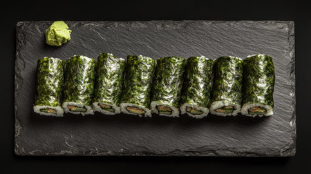 Discover traditional maki rolls beautifully arranged on a slate serving board, garnished with wasabi. Perfect for sushi lovers and culinary enthusiasts alike.の素材
