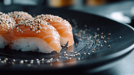 A close-up view of traditional salmon sushi rolls arranged on a black plate, garnished with sesame seeds, showcasing a gourmet seafood dish perfect for any dining occasion.の素材