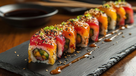 Delight in these vibrant Japanese sushi rolls beautifully arranged on a slate plate, showcasing freshness and taste. Perfect for a gourmet dining experience.の素材