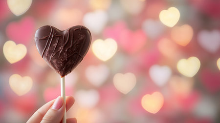 A hand holding a heart-shaped chocolate lollipop, with a soft-focus Valentine's Day backdrop of hearts and flowers.の素材